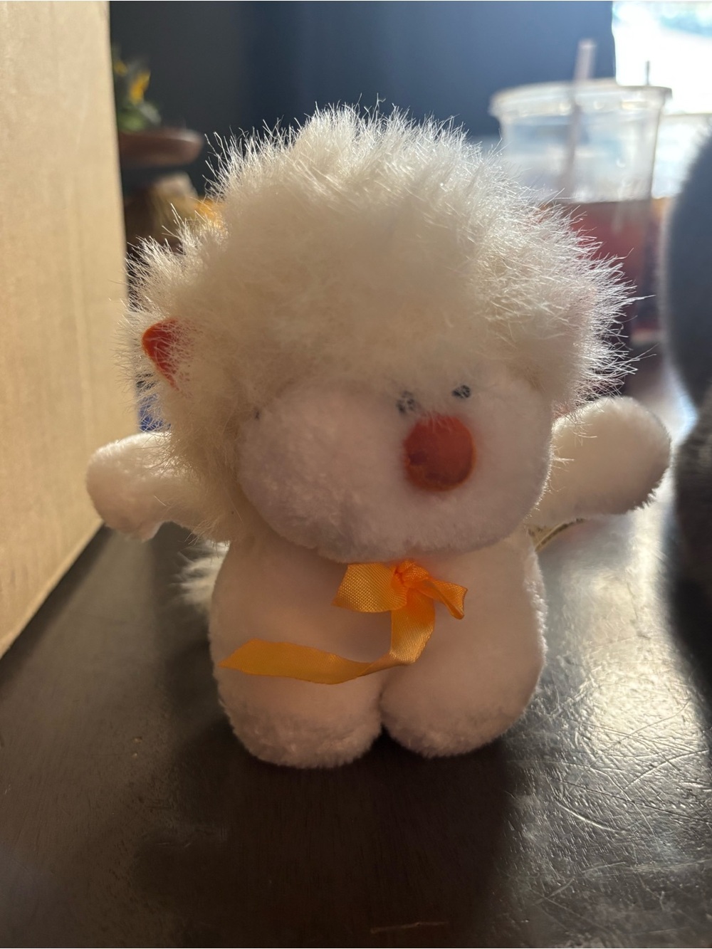 Applesauce Vintage Plush White Fluffy Creature with Orange Nose and Ribbon